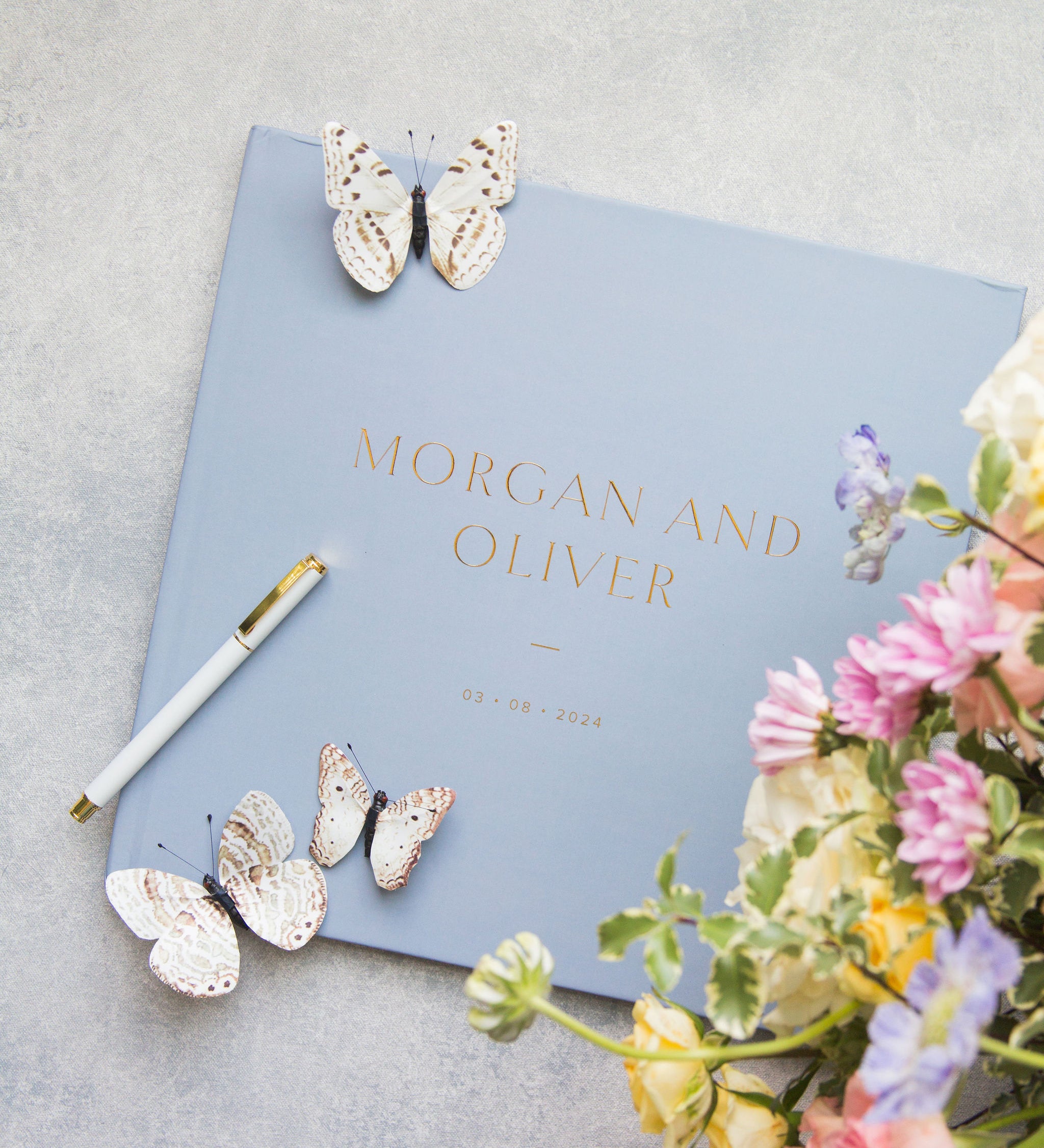 Blue Wedding Guest Book with Gold Foil Personalized Cover