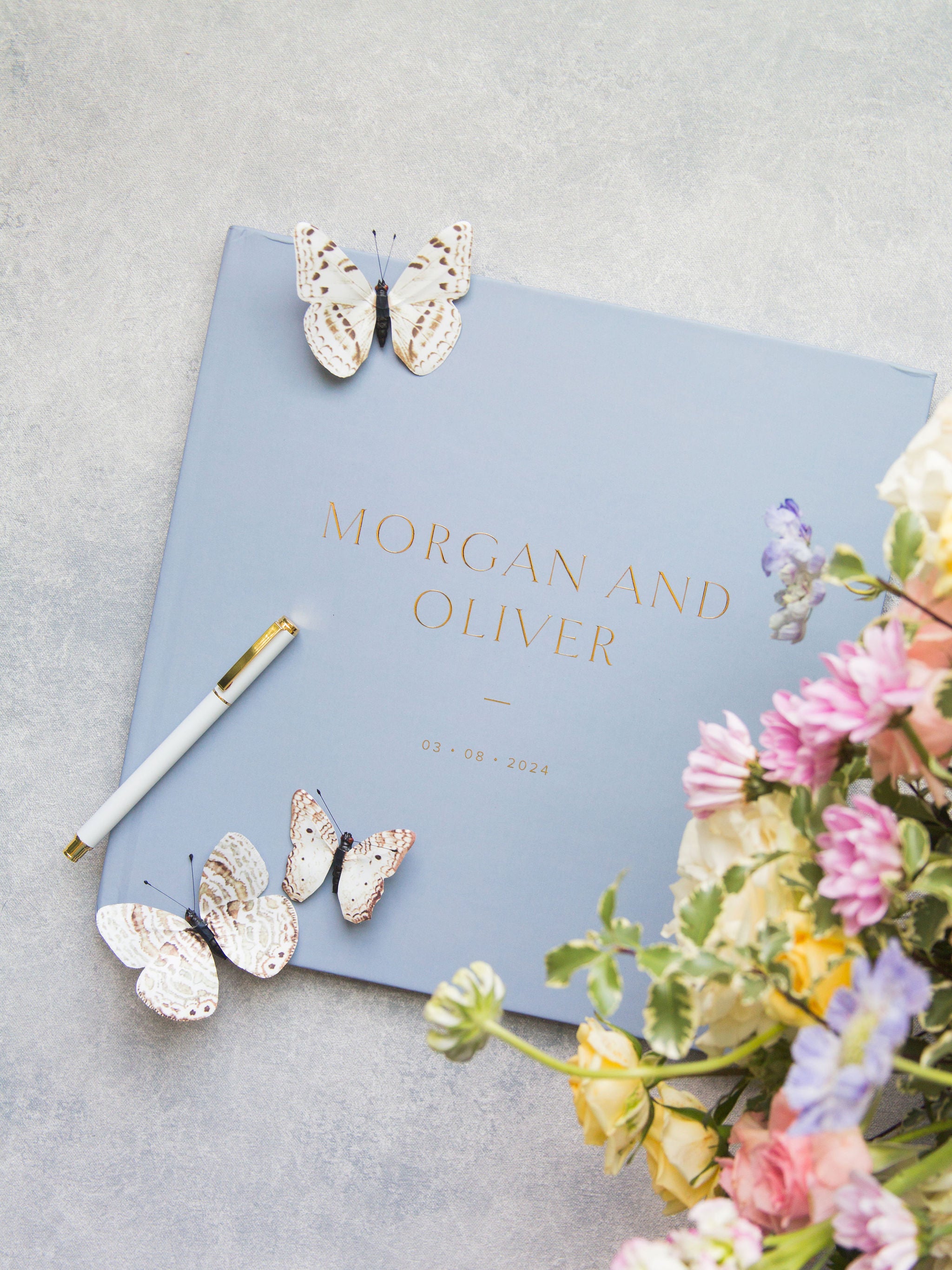 Blue Wedding Guest Book with Gold Foil Personalized Cover